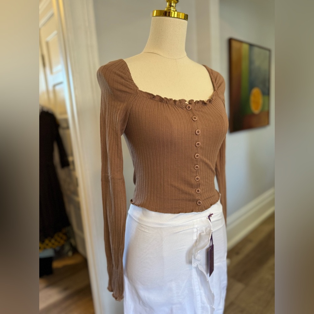 Brown Ribbed Button-Up Top